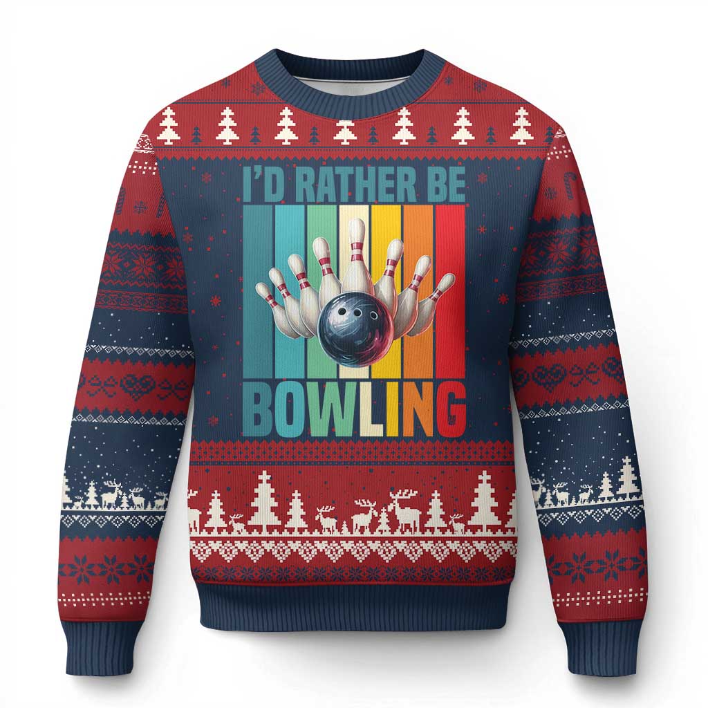 Funny Bowling Quote Ugly Christmas Sweater Id Rather Be Bowling Gift TS12 Navy Red Print Your Wear