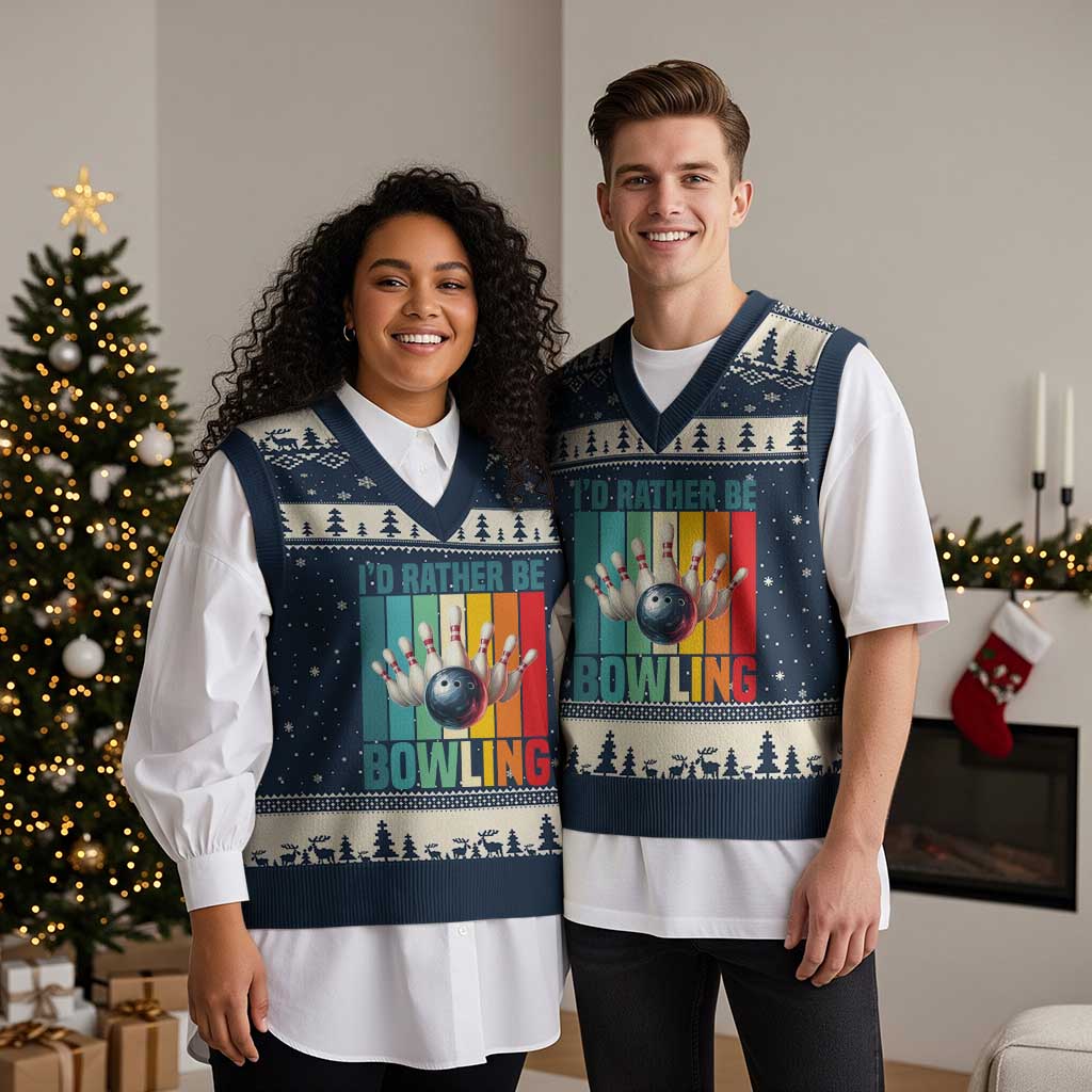 Funny Bowling Quote V-Neck Knit Sweater Vest Id Rather Be Bowling Gift TS12 Navy Beige Print Your Wear