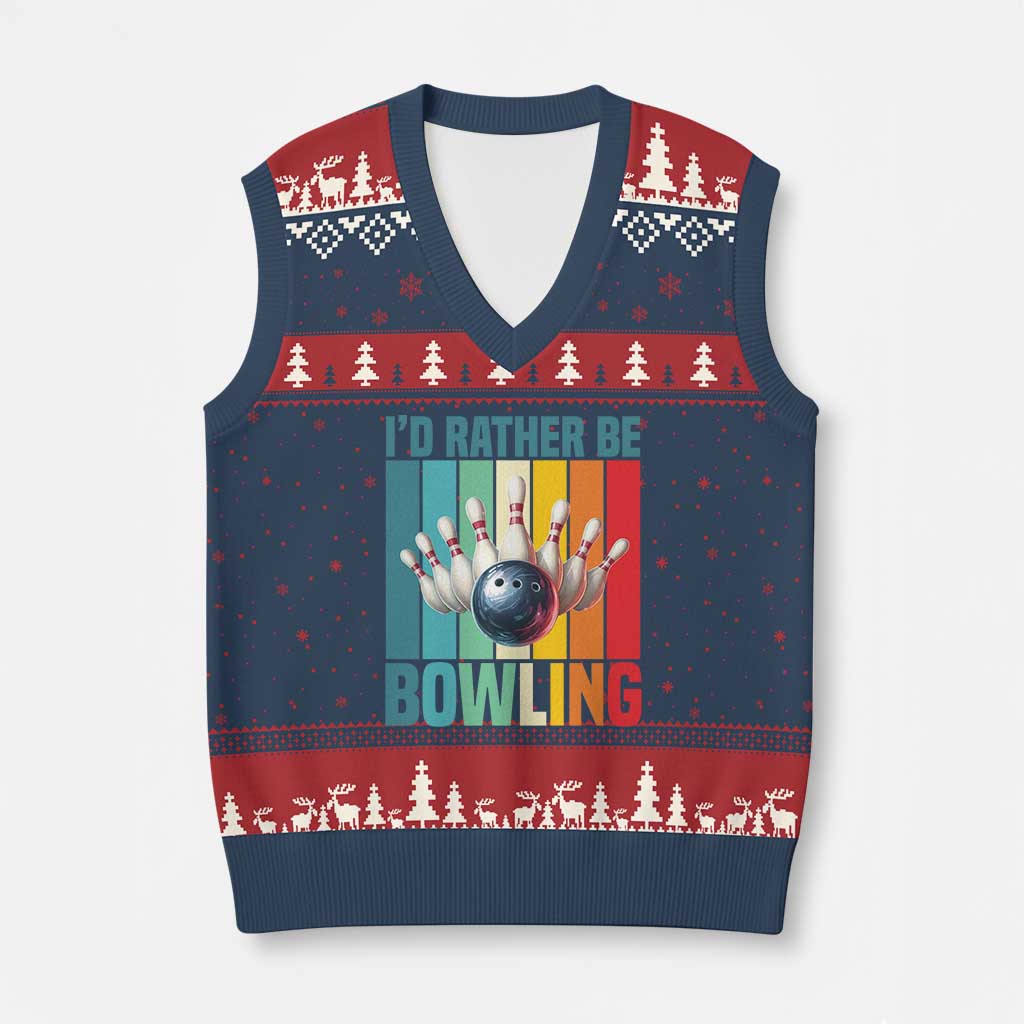 Funny Bowling Quote V-Neck Knit Sweater Vest Id Rather Be Bowling Gift TS12 Navy Red Print Your Wear