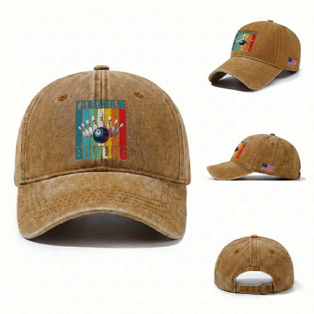 Funny Bowling Quote Washed Cotton Baseball Cap Id Rather Be Bowling Gift TS12 Washed Cap Universal Fit Yellow Ochre Print Your Wear