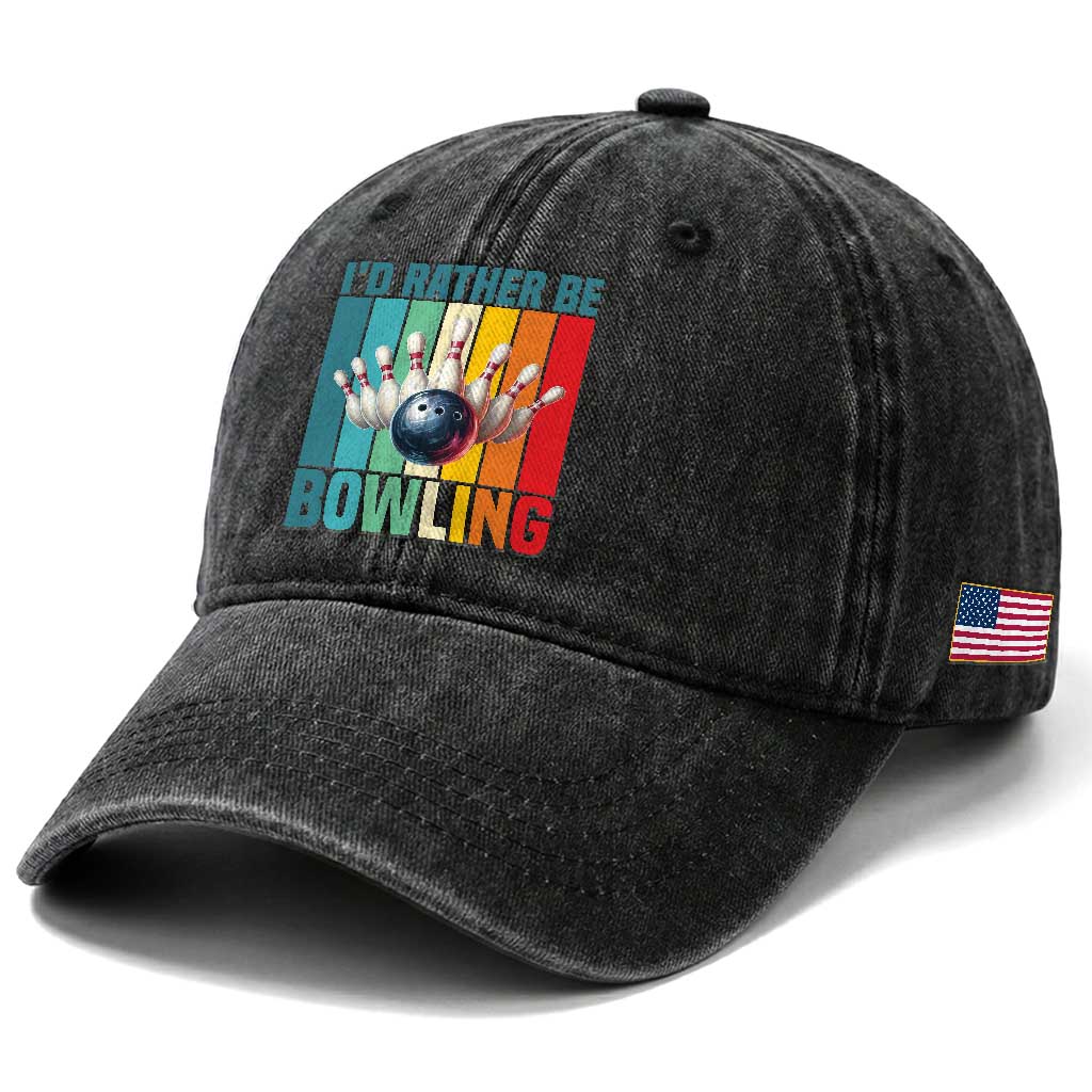 Funny Bowling Quote Washed Cotton Baseball Cap Id Rather Be Bowling Gift TS12 Print Your Wear
