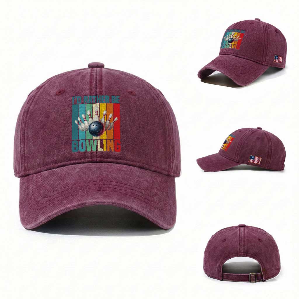 Funny Bowling Quote Washed Cotton Baseball Cap Id Rather Be Bowling Gift TS12 Washed Cap Universal Fit Burgundy Print Your Wear