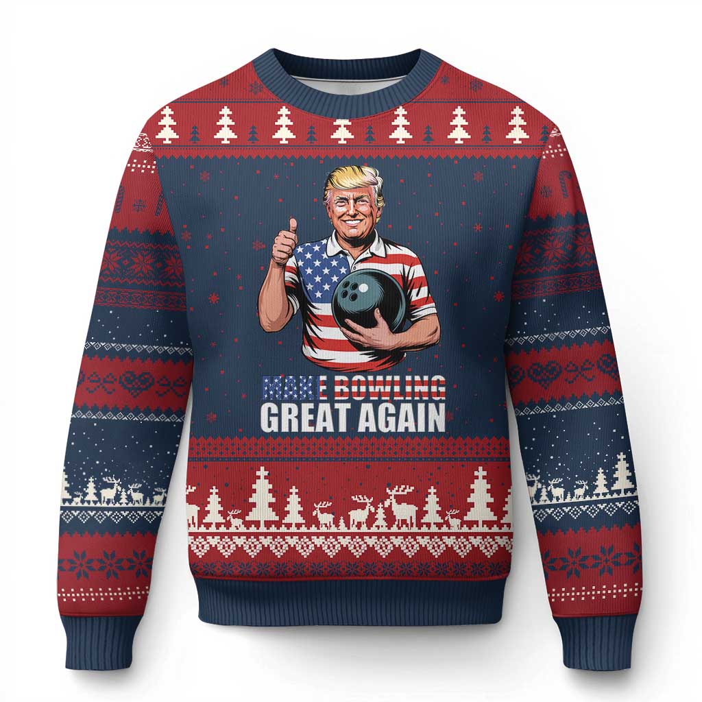 Make Bowling Great Again Ugly Christmas Sweater Funny Trump Bowling Gift TS12 Navy Red Print Your Wear