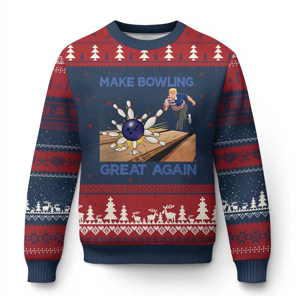 Make Bowling Great Again Ugly Christmas Sweater Funny Bowler Gift TS12 Navy Red Print Your Wear