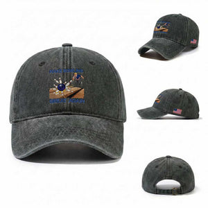 Make Bowling Great Again Washed Cotton Baseball Cap Funny Bowler Gift TS12 Washed Cap Universal Fit Dark Green Print Your Wear