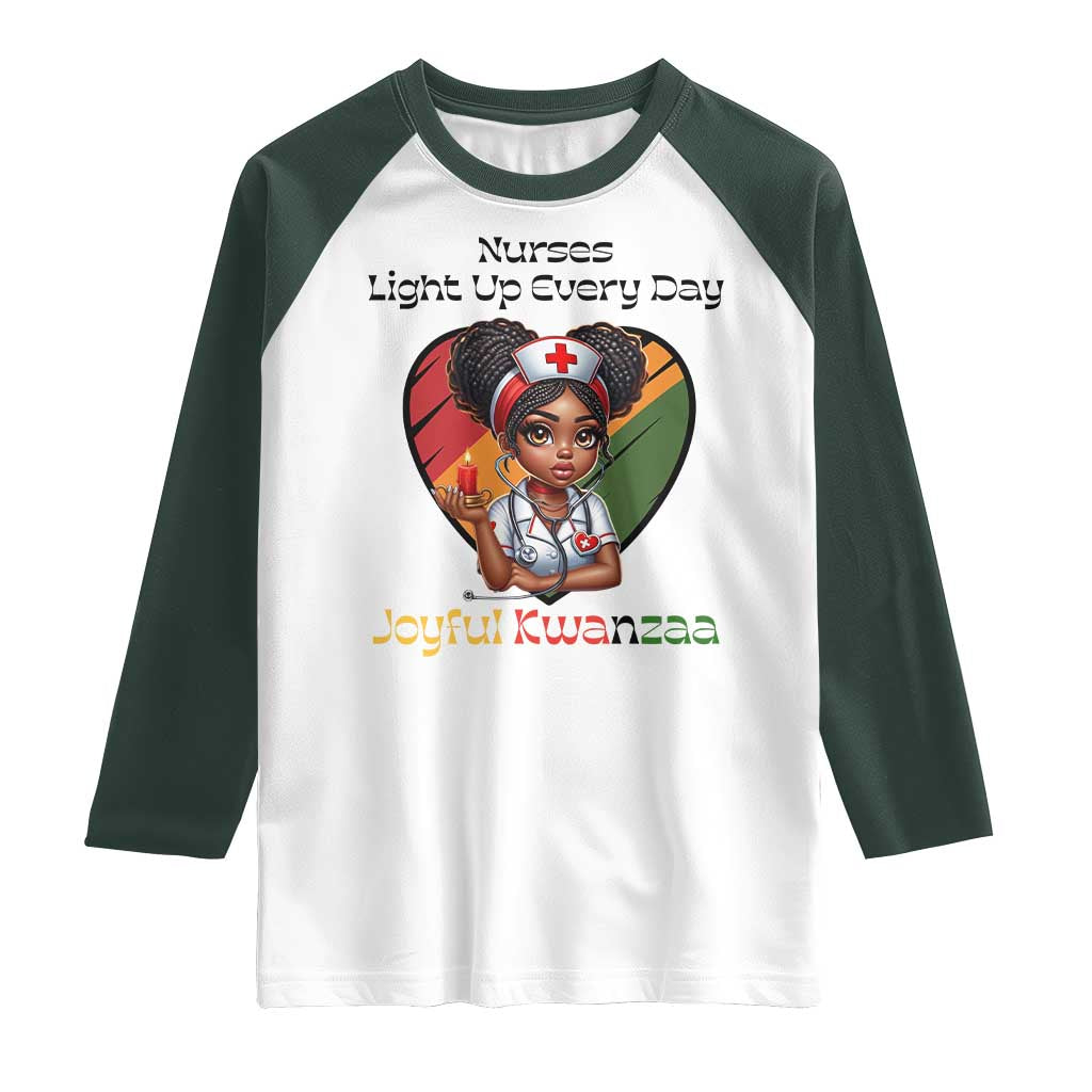 Nurses Light Up Everyday Raglan Shirt Joyful Kwanzaa Celebration Gift TS12 White Dark Forest Green Print Your Wear