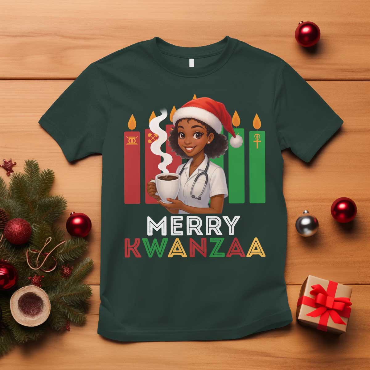 Merry Kwanzaa T Shirt Nurse African American Holiday Celebration Gift TS12 Dark Forest Green Print Your Wear
