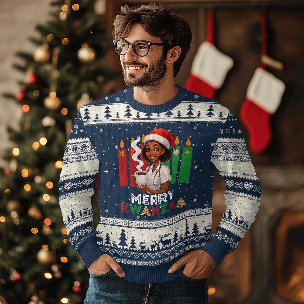 Merry Kwanzaa Ugly Christmas Sweater Nurse African American Holiday Celebration Gift TS12 Navy Beige Print Your Wear