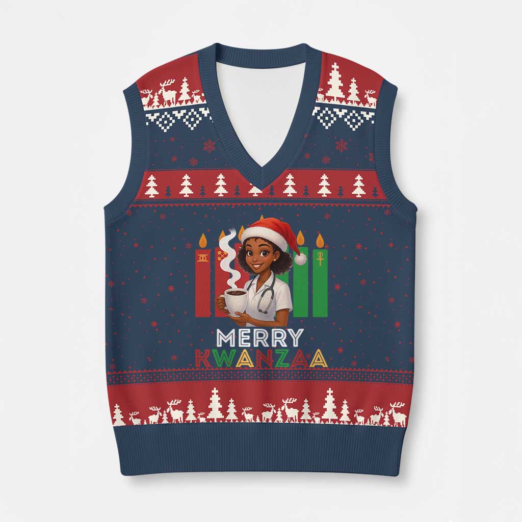 Merry Kwanzaa V-Neck Knit Sweater Vest Nurse African American Holiday Celebration Gift - Print Your Wear