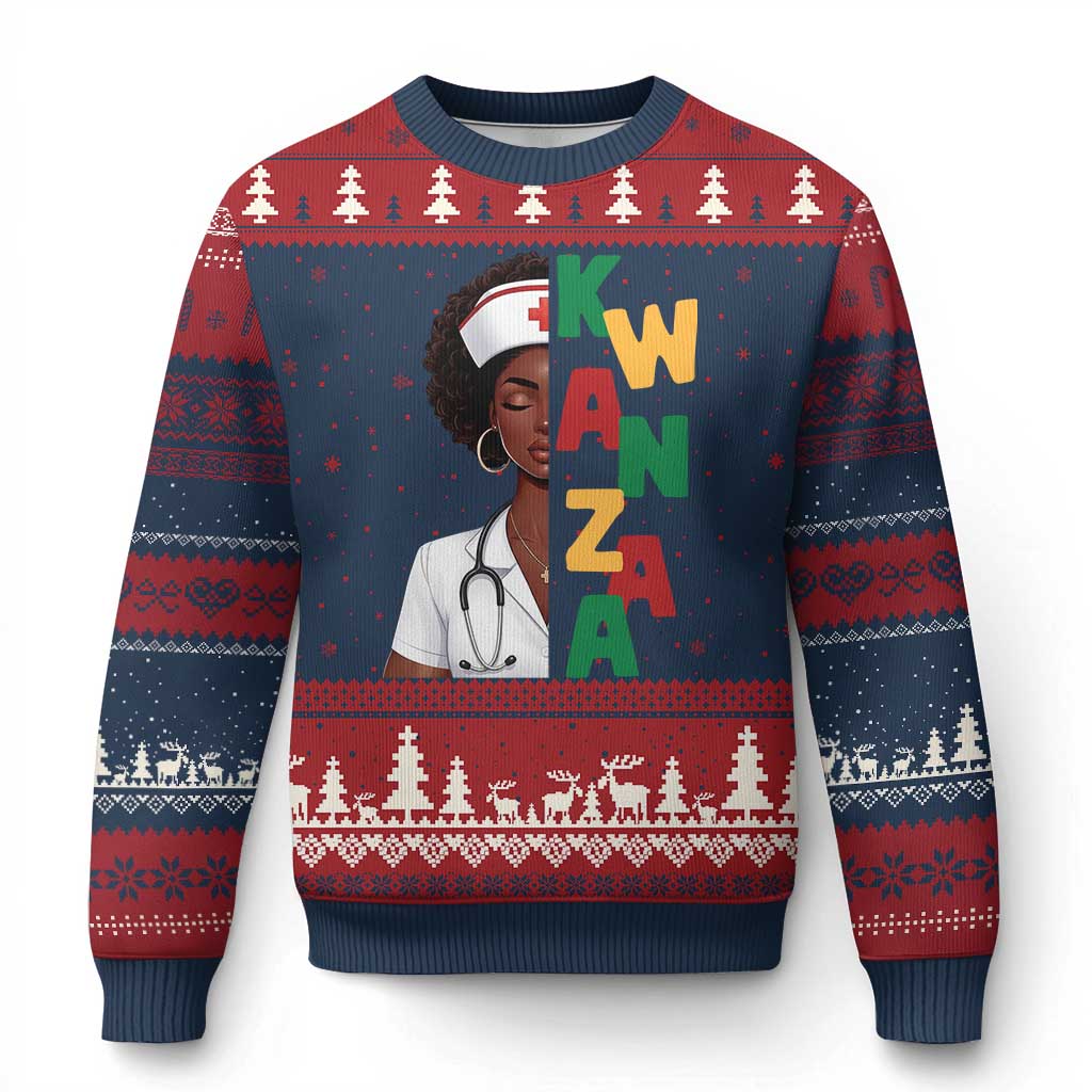 African American Nurse Ugly Christmas Sweater Joyful Kwanzaa Celebration Gift TS12 Navy Red Print Your Wear