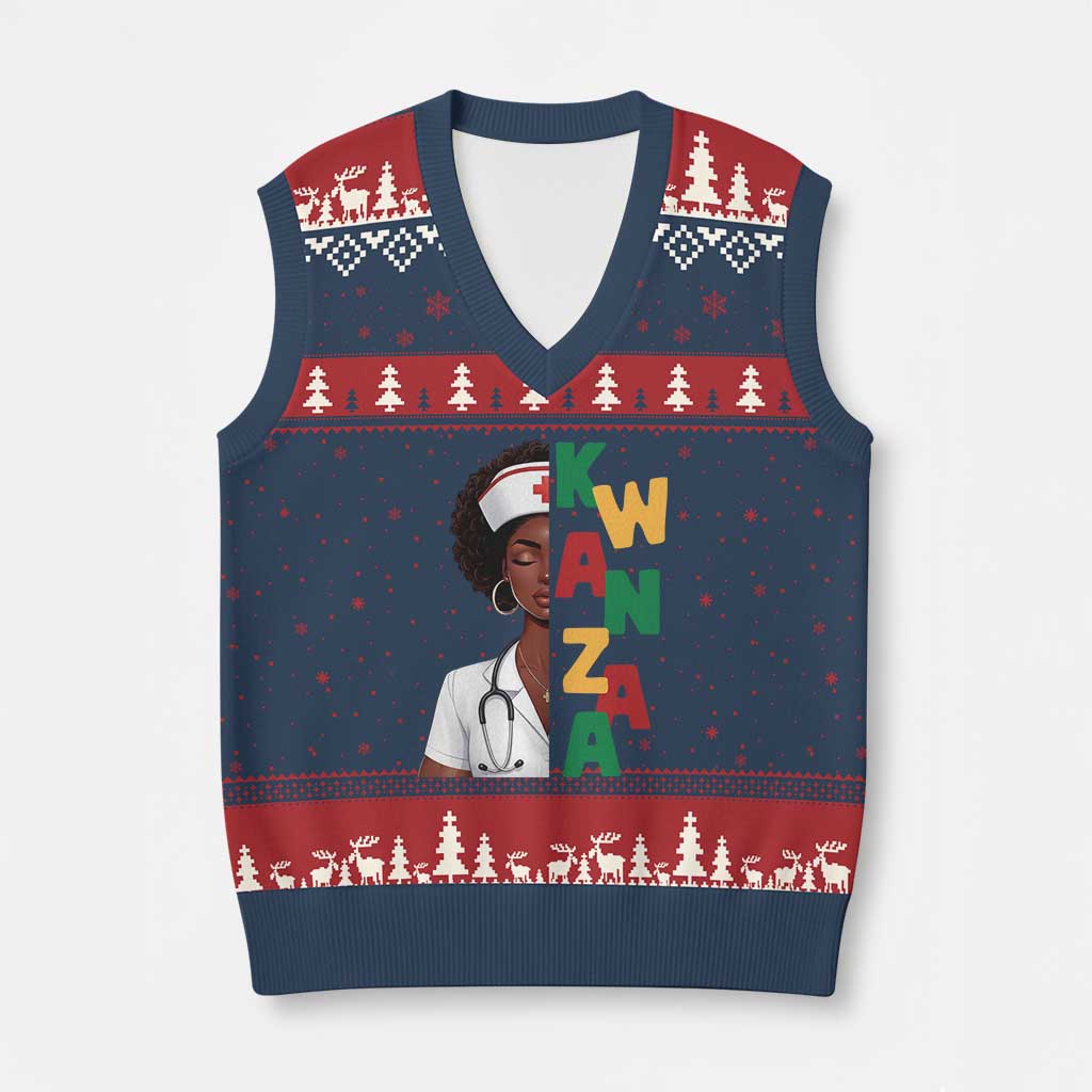 African American Nurse V-Neck Knit Sweater Vest Joyful Kwanzaa Celebration Gift - Print Your Wear