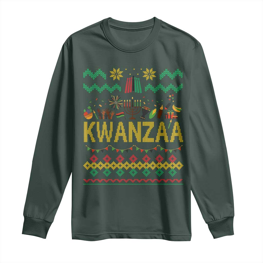 Funny Kwanzaa Celebration Ugly Sweater Long Sleeve Shirt African Heritage Holiday Gift TS12 Dark Forest Green Print Your Wear