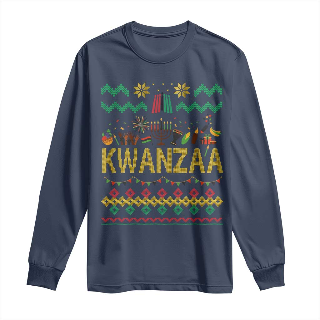 Funny Kwanzaa Celebration Ugly Sweater Long Sleeve Shirt African Heritage Holiday Gift TS12 Navy Print Your Wear