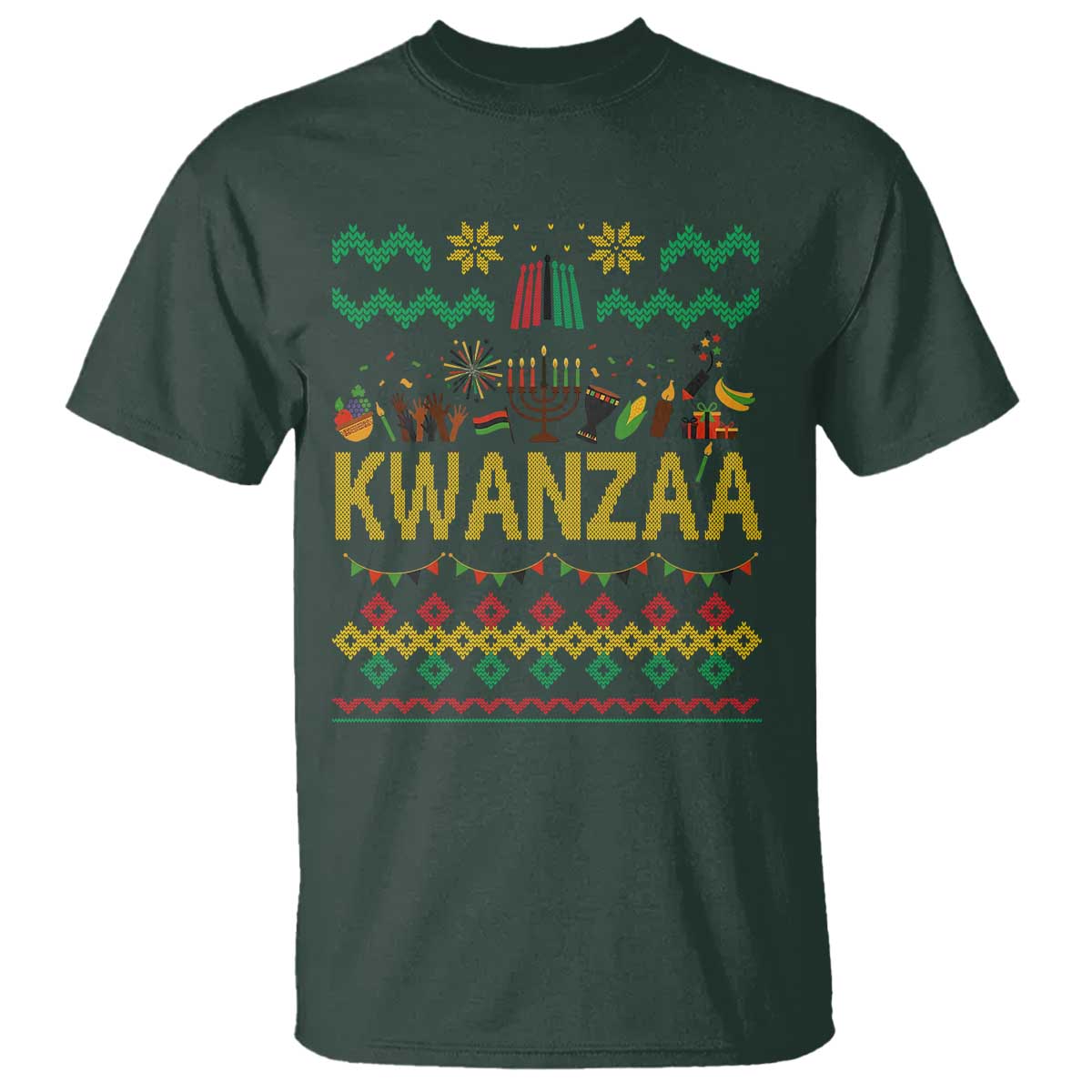 Funny Kwanzaa Celebration Ugly Sweater T Shirt African Heritage Holiday Gift TS12 Dark Forest Green Print Your Wear