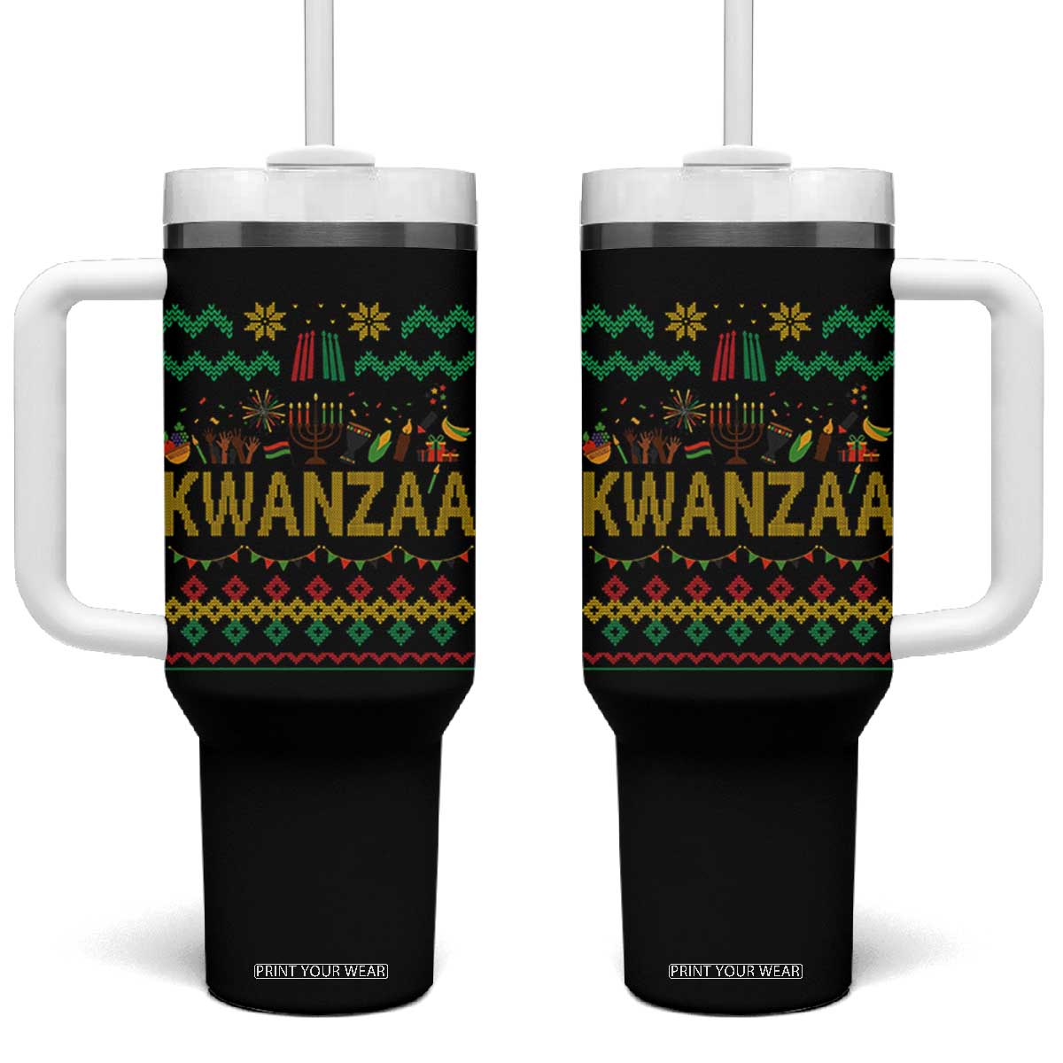 Funny Kwanzaa Celebration Ugly Sweater Tumbler With Handle African Heritage Holiday Gift TS12 One Size: 40 oz Black Print Your Wear