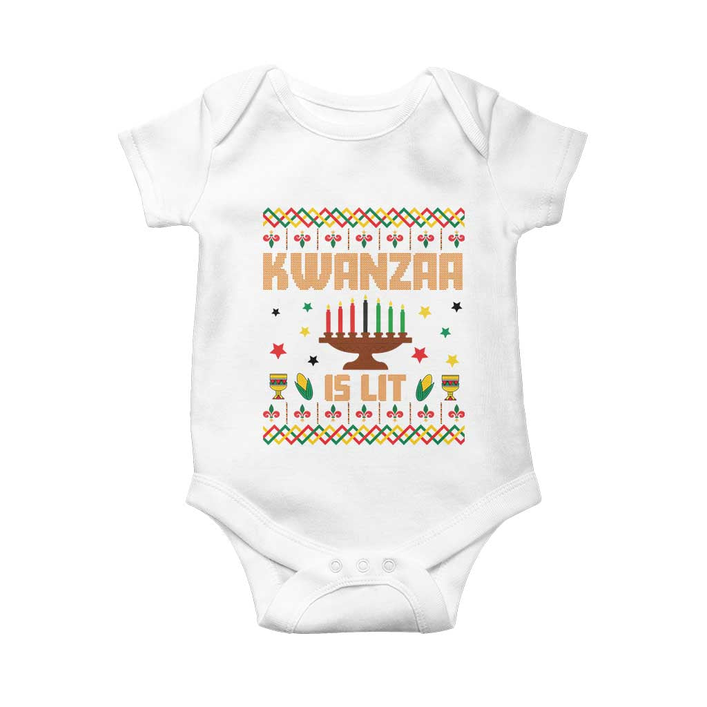Funny Kwanzaa Is Lit Baby Onesie Ugly Sweater African Heritage Holiday Gift TS12 White Print Your Wear