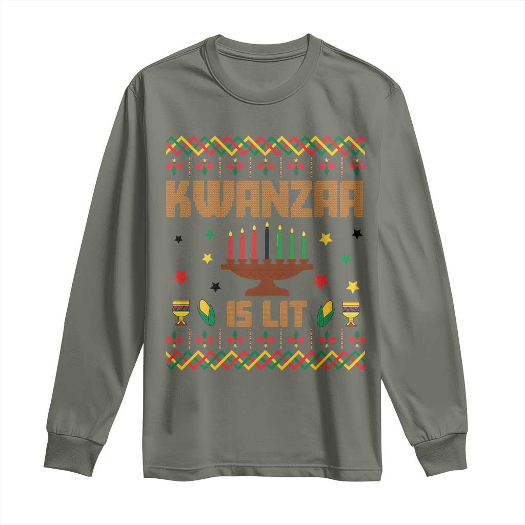 Funny Kwanzaa Is Lit Long Sleeve Shirt Ugly Sweater African Heritage Holiday Gift TS12 Military Green Print Your Wear