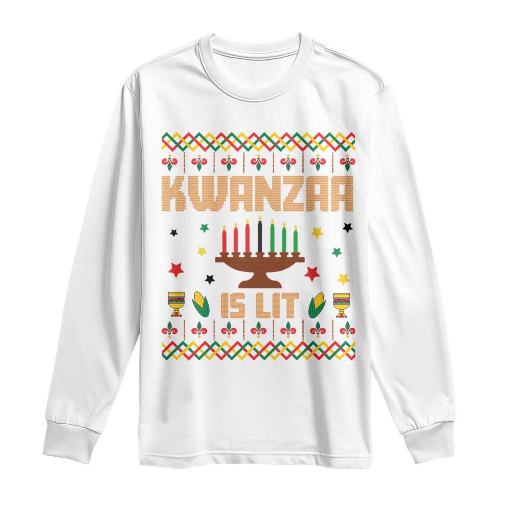 Funny Kwanzaa Is Lit Long Sleeve Shirt Ugly Sweater African Heritage Holiday Gift TS12 White Print Your Wear