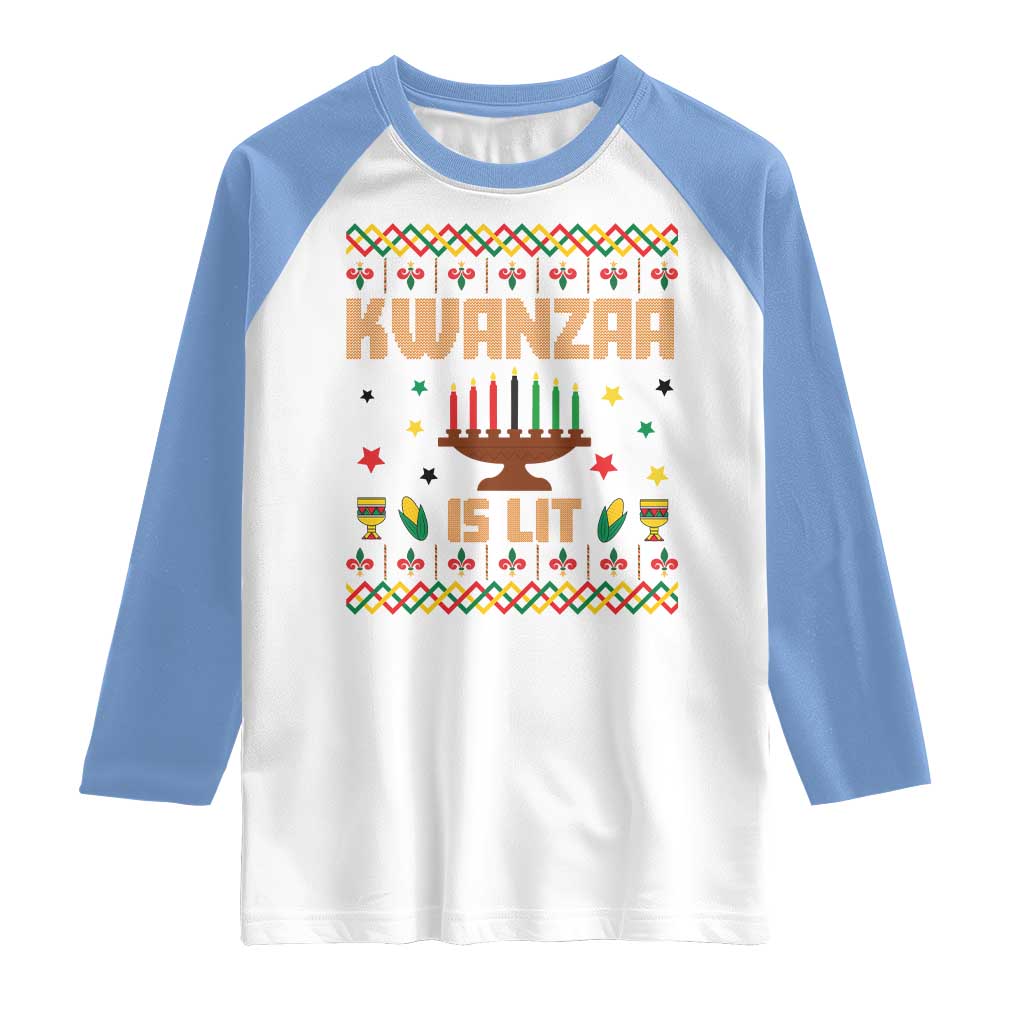 Funny Kwanzaa Is Lit Raglan Shirt Ugly Sweater African Heritage Holiday Gift TS12 White Carolina Blue Print Your Wear