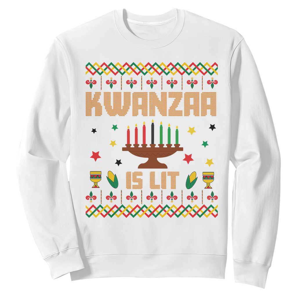 Funny Kwanzaa Is Lit Sweatshirt Ugly Sweater African Heritage Holiday Gift TS12 White Print Your Wear