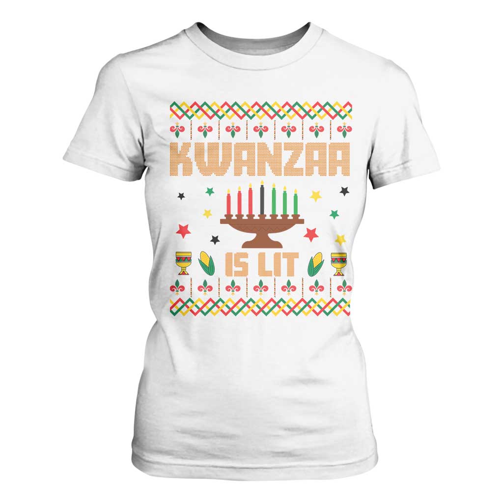Funny Kwanzaa Is Lit T Shirt For Women Ugly Sweater African Heritage Holiday Gift TS12 White Print Your Wear