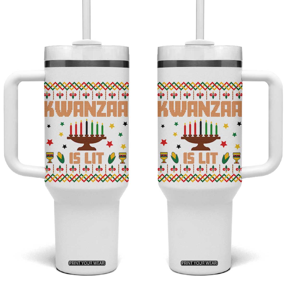 Funny Kwanzaa Is Lit Tumbler With Handle Ugly Sweater African Heritage Holiday Gift TS12 One Size: 40 oz White Print Your Wear