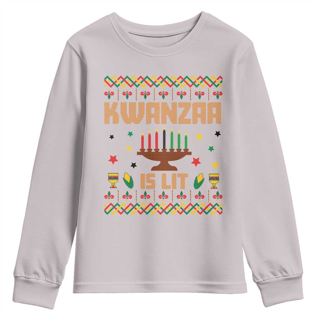 Funny Kwanzaa Is Lit Youth Sweatshirt Ugly Sweater African Heritage Holiday Gift TS12 Ice Gray Print Your Wear