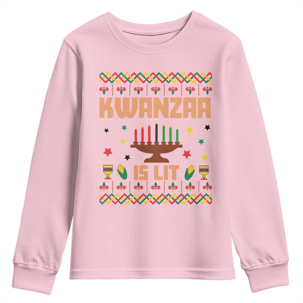 Funny Kwanzaa Is Lit Youth Sweatshirt Ugly Sweater African Heritage Holiday Gift TS12 Light Pink Print Your Wear