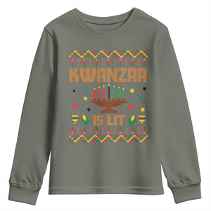 Funny Kwanzaa Is Lit Youth Sweatshirt Ugly Sweater African Heritage Holiday Gift TS12 Military Green Print Your Wear
