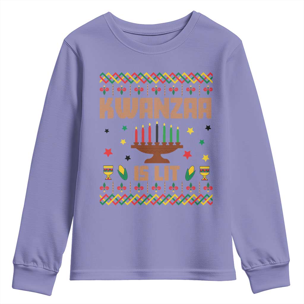 Funny Kwanzaa Is Lit Youth Sweatshirt Ugly Sweater African Heritage Holiday Gift TS12 Violet Print Your Wear