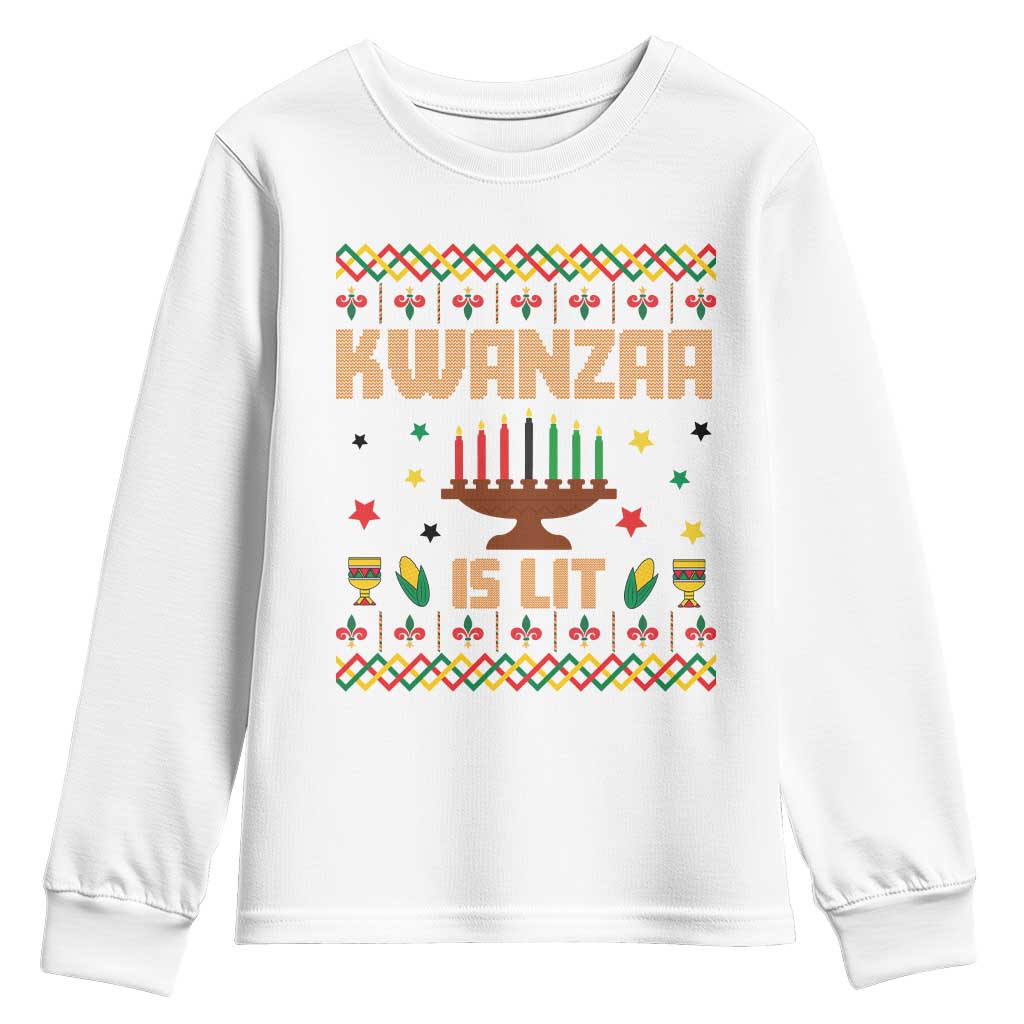 Funny Kwanzaa Is Lit Youth Sweatshirt Ugly Sweater African Heritage Holiday Gift TS12 White Print Your Wear