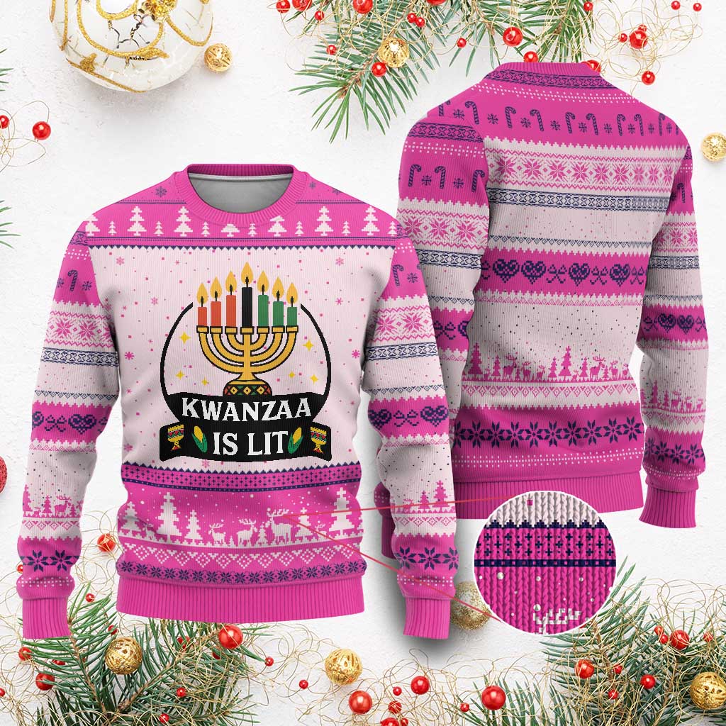 Kwanzaa Is Lit Ugly Christmas Sweater Funny African American Holiday Gift TS12 Hot Pink Print Your Wear