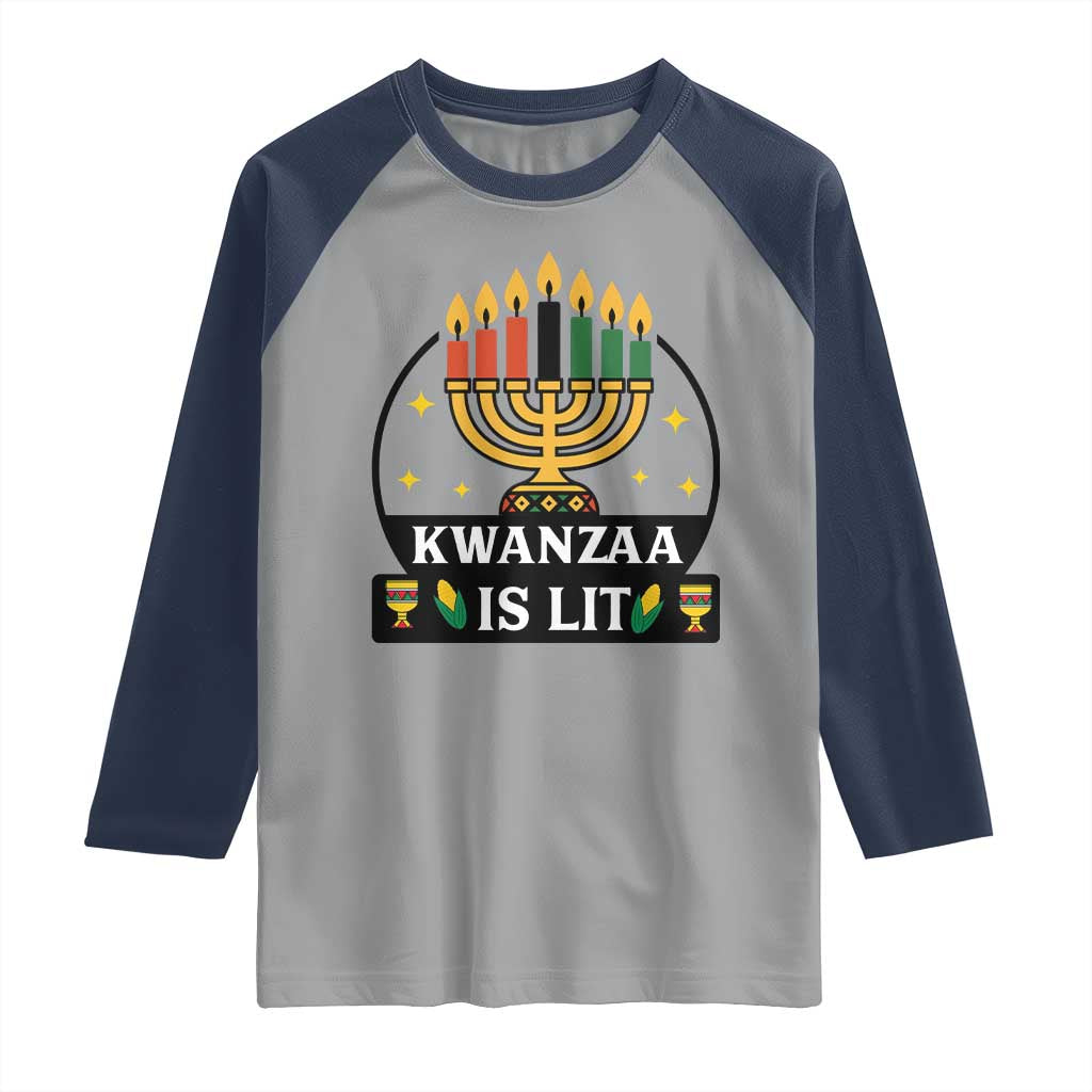 Kwanzaa Is Lit Raglan Shirt Funny African American Holiday Gift TS12 Sport Gray Navy Print Your Wear