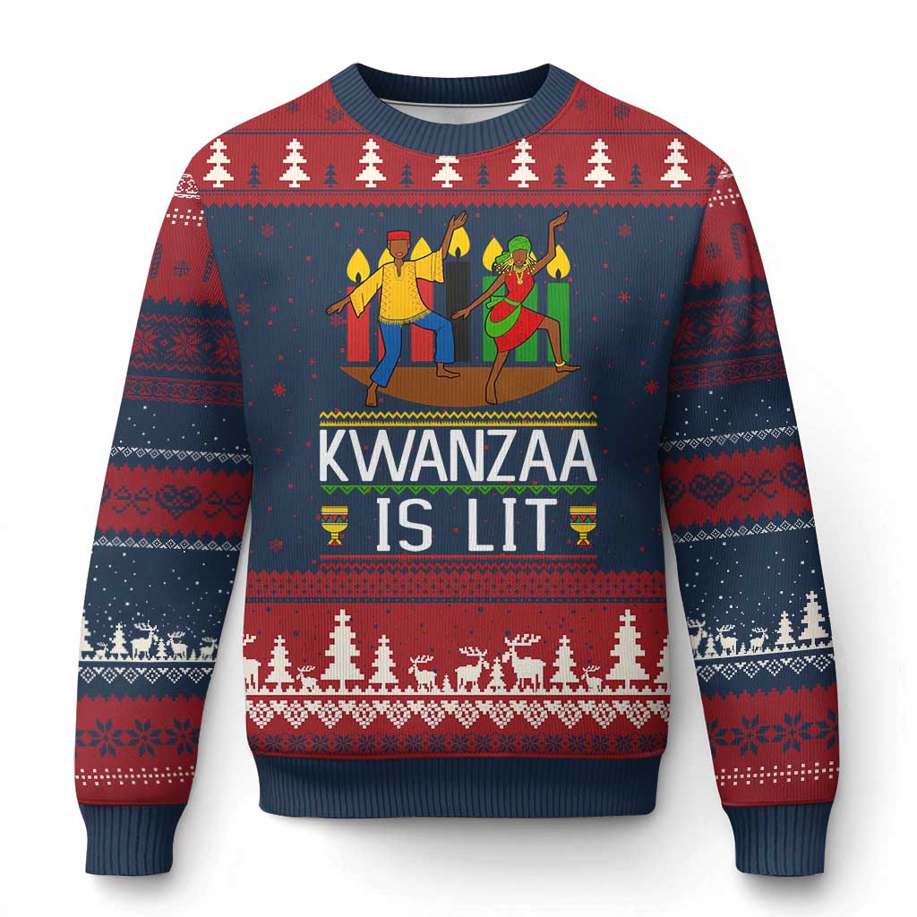 Funny Kwanzaa Is Lit Ugly Christmas Sweater Festival Of Lights African Heritage Gift TS12 Navy Red Print Your Wear