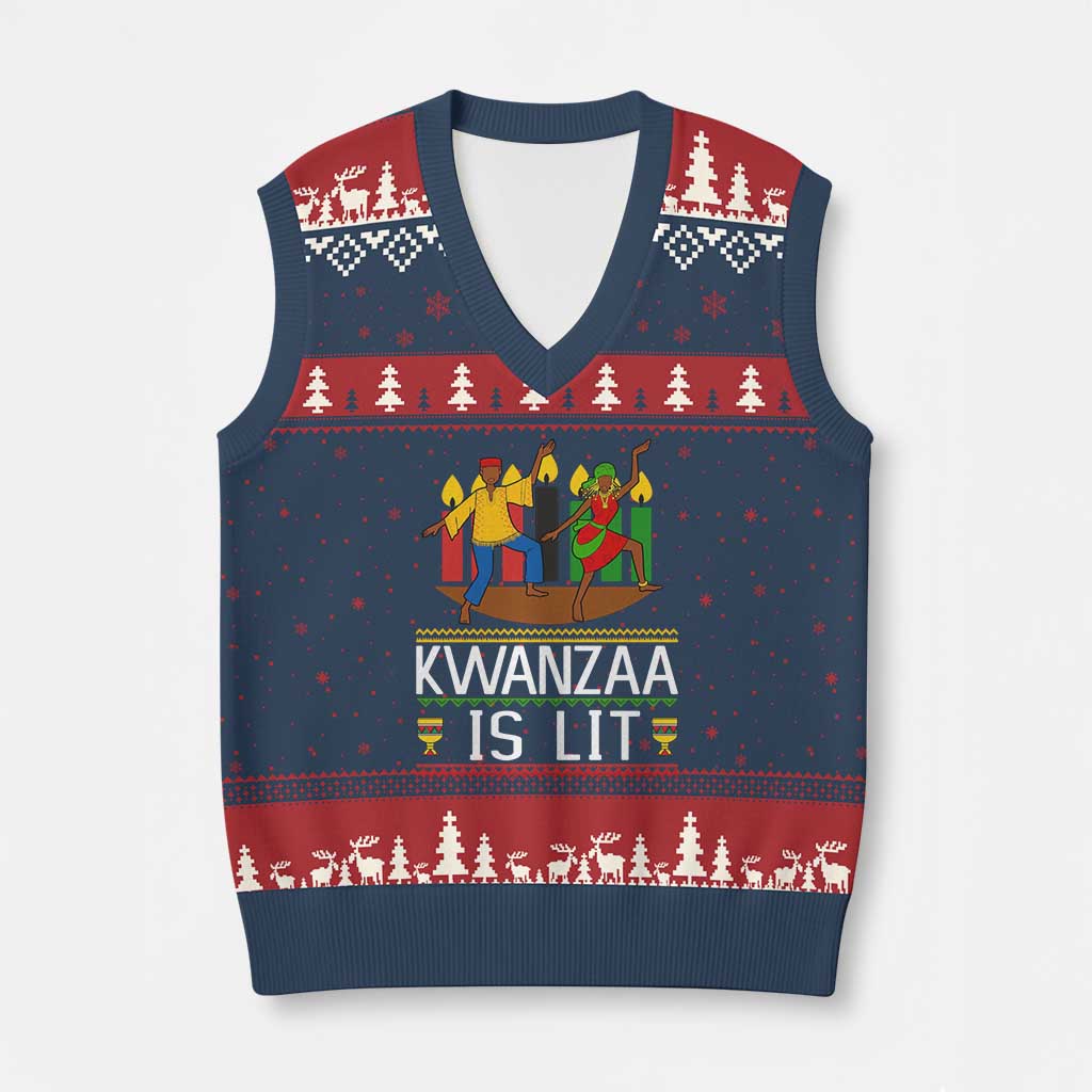Funny Kwanzaa Is Lit V-Neck Knit Sweater Vest Festival Of Lights African Heritage Gift TS12 Navy Red Print Your Wear