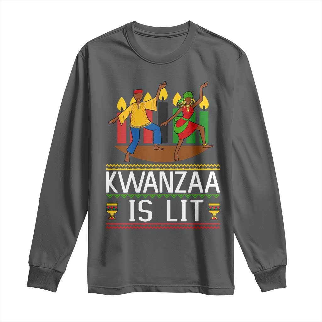 Funny Kwanzaa Is Lit Long Sleeve Shirt Festival Of Lights African Heritage Gift TS12 Dark Heather Print Your Wear