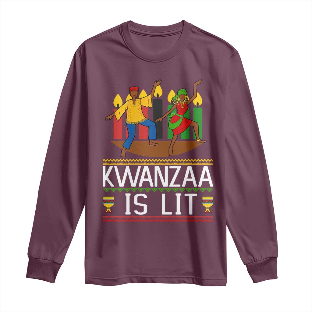 Funny Kwanzaa Is Lit Long Sleeve Shirt Festival Of Lights African Heritage Gift TS12 Maroon Print Your Wear