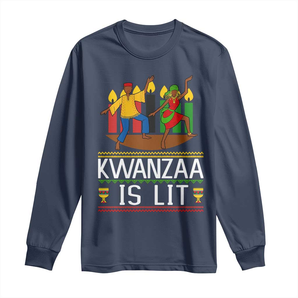 Funny Kwanzaa Is Lit Long Sleeve Shirt Festival Of Lights African Heritage Gift TS12 Navy Print Your Wear