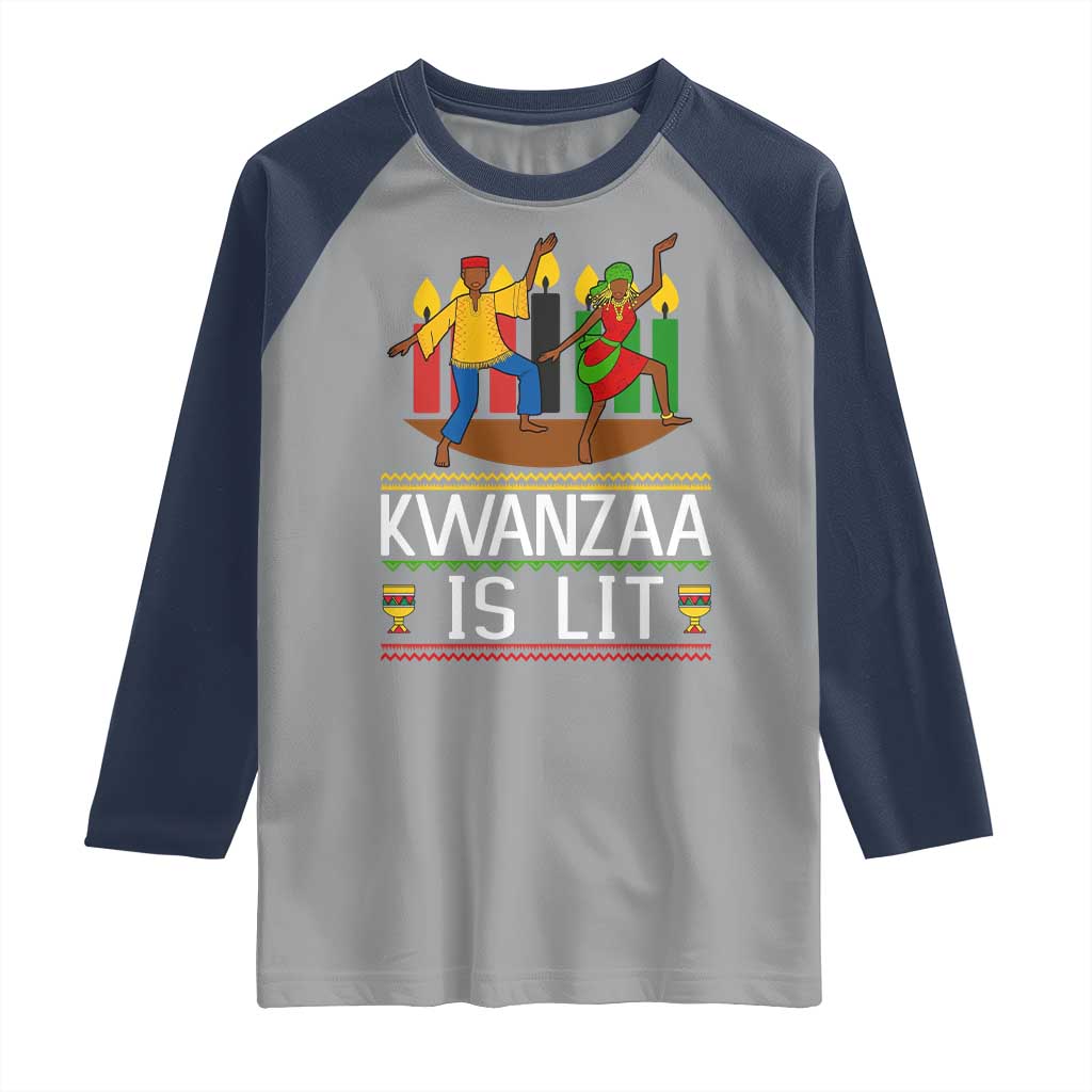 Funny Kwanzaa Is Lit Raglan Shirt Festival Of Lights African Heritage Gift TS12 Sport Gray Navy Print Your Wear