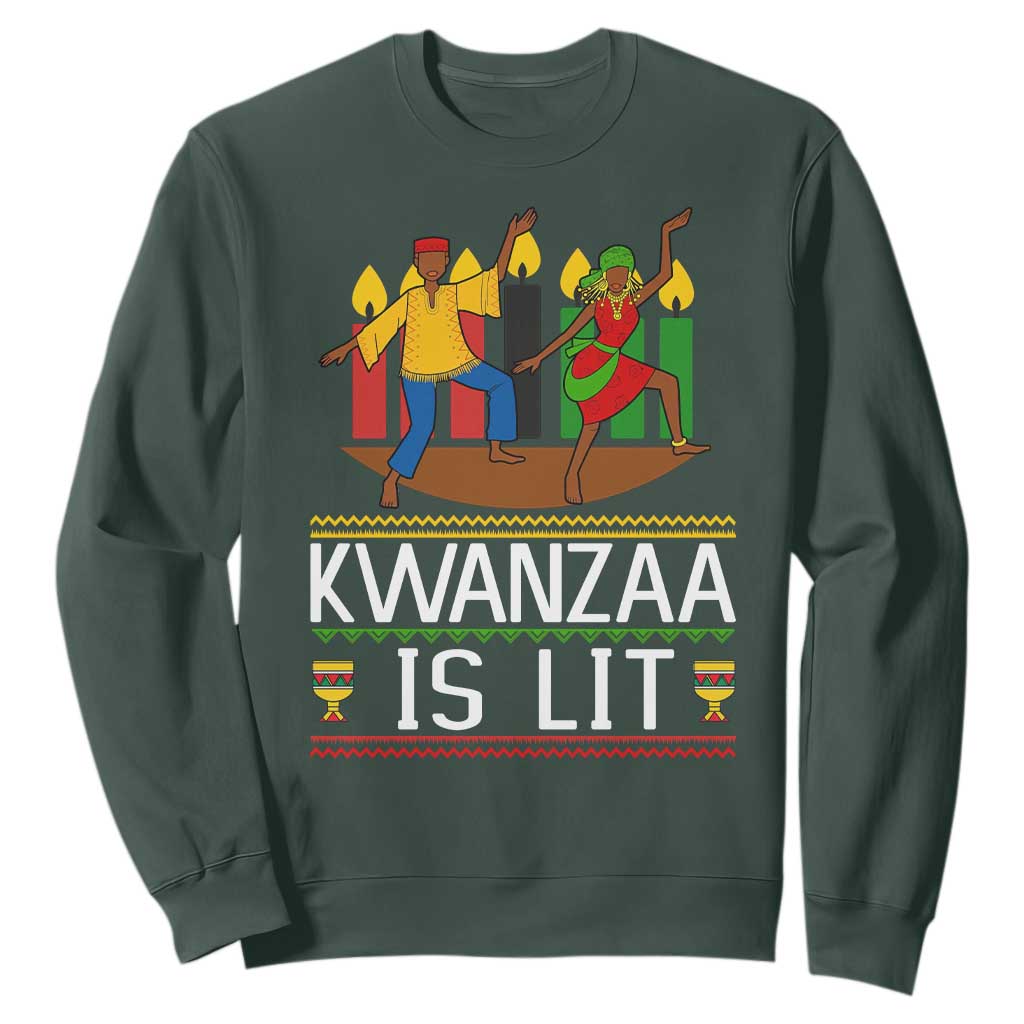 Funny Kwanzaa Is Lit Sweatshirt Festival Of Lights African Heritage Gift TS12 Dark Forest Green Print Your Wear