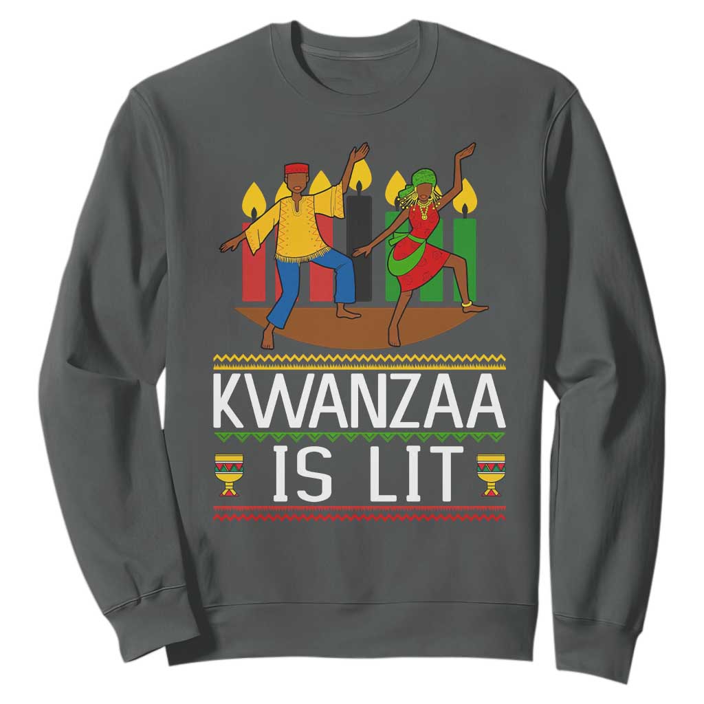Funny Kwanzaa Is Lit Sweatshirt Festival Of Lights African Heritage Gift TS12 Dark Heather Print Your Wear