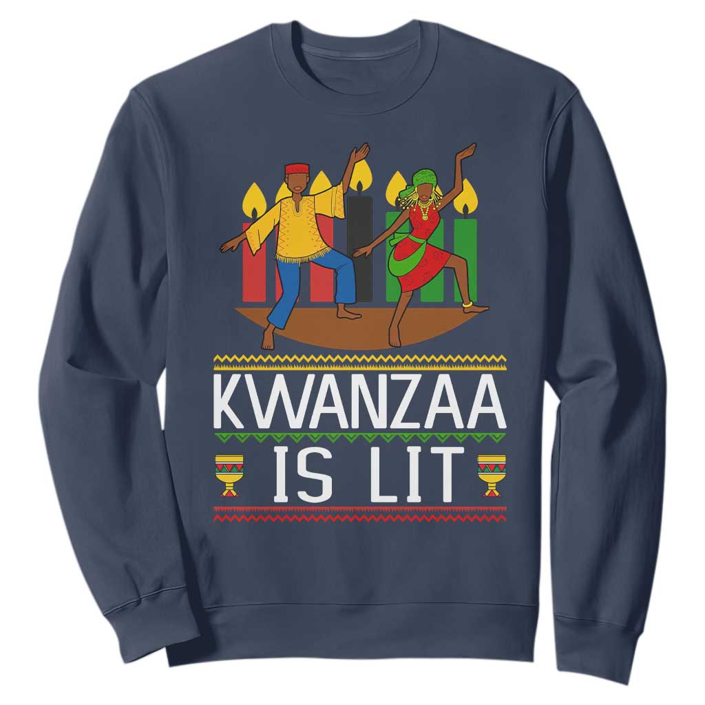 Funny Kwanzaa Is Lit Sweatshirt Festival Of Lights African Heritage Gift TS12 Navy Print Your Wear