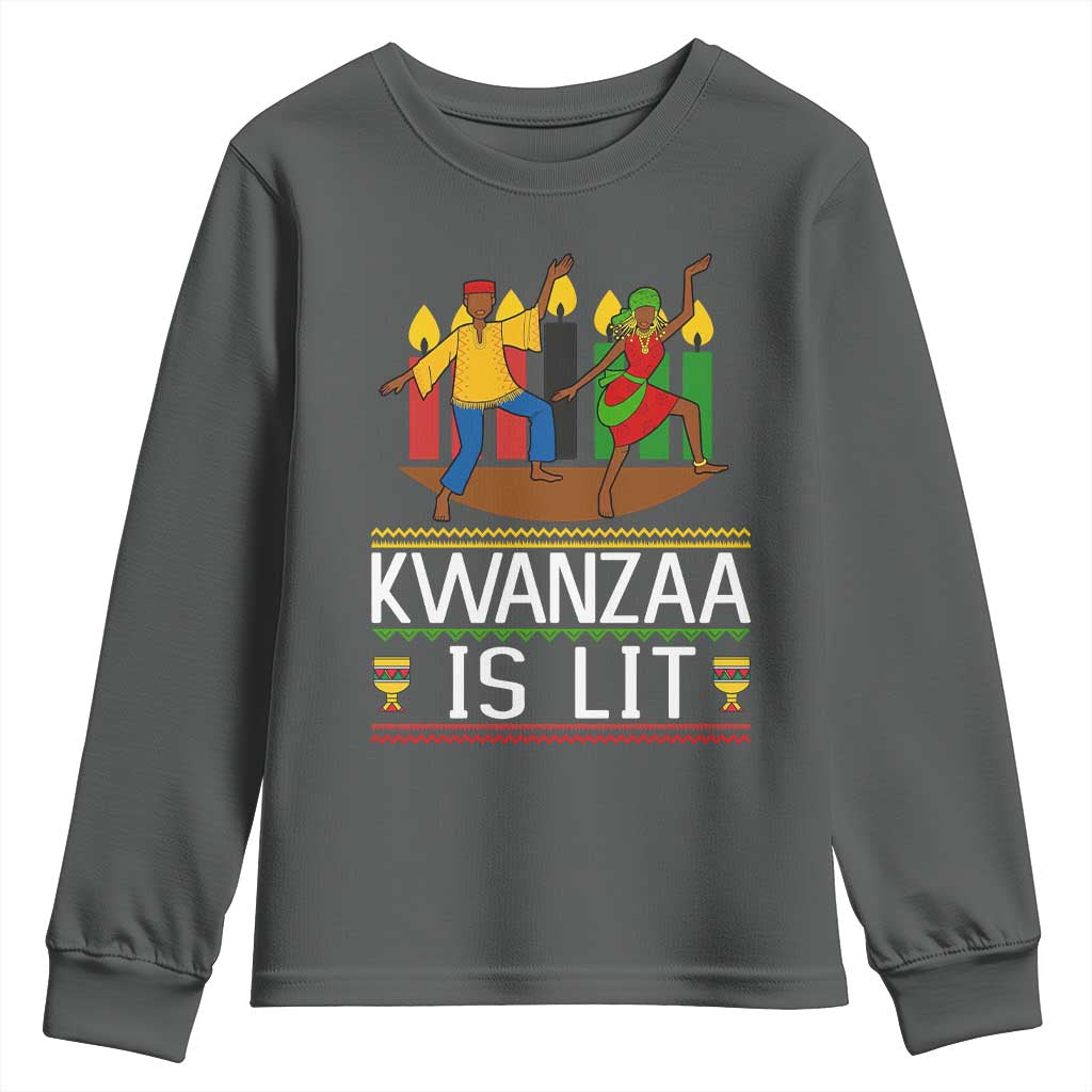 Funny Kwanzaa Is Lit Youth Sweatshirt Festival Of Lights African Heritage Gift TS12 Dark Heather Print Your Wear