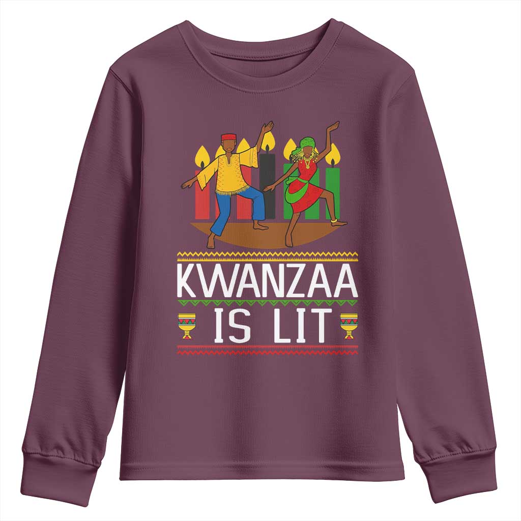 Funny Kwanzaa Is Lit Youth Sweatshirt Festival Of Lights African Heritage Gift TS12 Maroon Print Your Wear