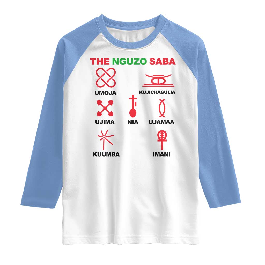 Nguzo Saba Seven Principles Of Kwanzaa Celebration Gift Raglan Shirt TS12 White Carolina Blue Print Your Wear