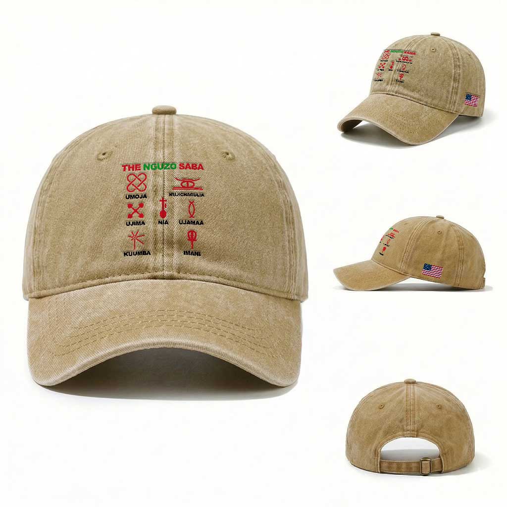 Nguzo Saba Seven Principles Of Kwanzaa Celebration Gift Washed Cotton Baseball Cap TS12 Washed Cap Universal Fit Khaki Print Your Wear