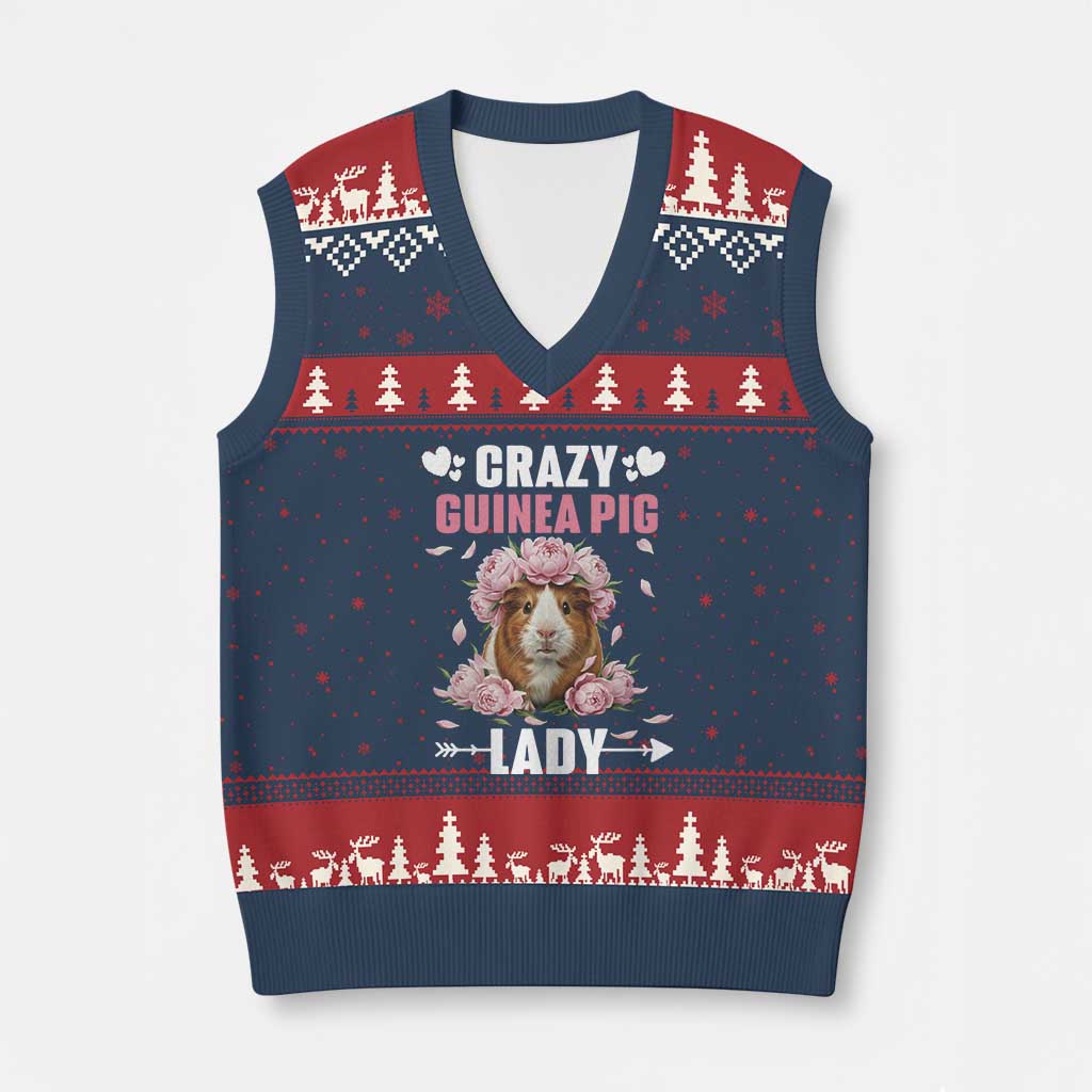 Funny Crazy Guinea Pig Lady V-Neck Knit Sweater Vest Cavy Mom Gift TS12 Navy Red Print Your Wear