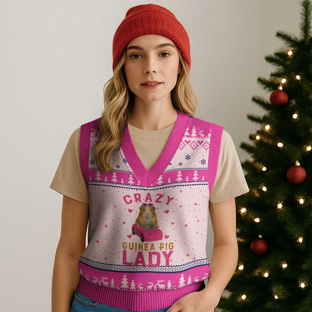 Crazy Guinea Pig Lady V-Neck Knit Sweater Vest Funny Pet Lover Gift TS12 Hot Pink Print Your Wear