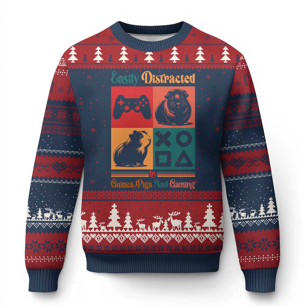 Funny Easily Distracted By Guinea Pigs And Gaming Ugly Christmas Sweater Game Lover Gift TS12 Navy Red Print Your Wear