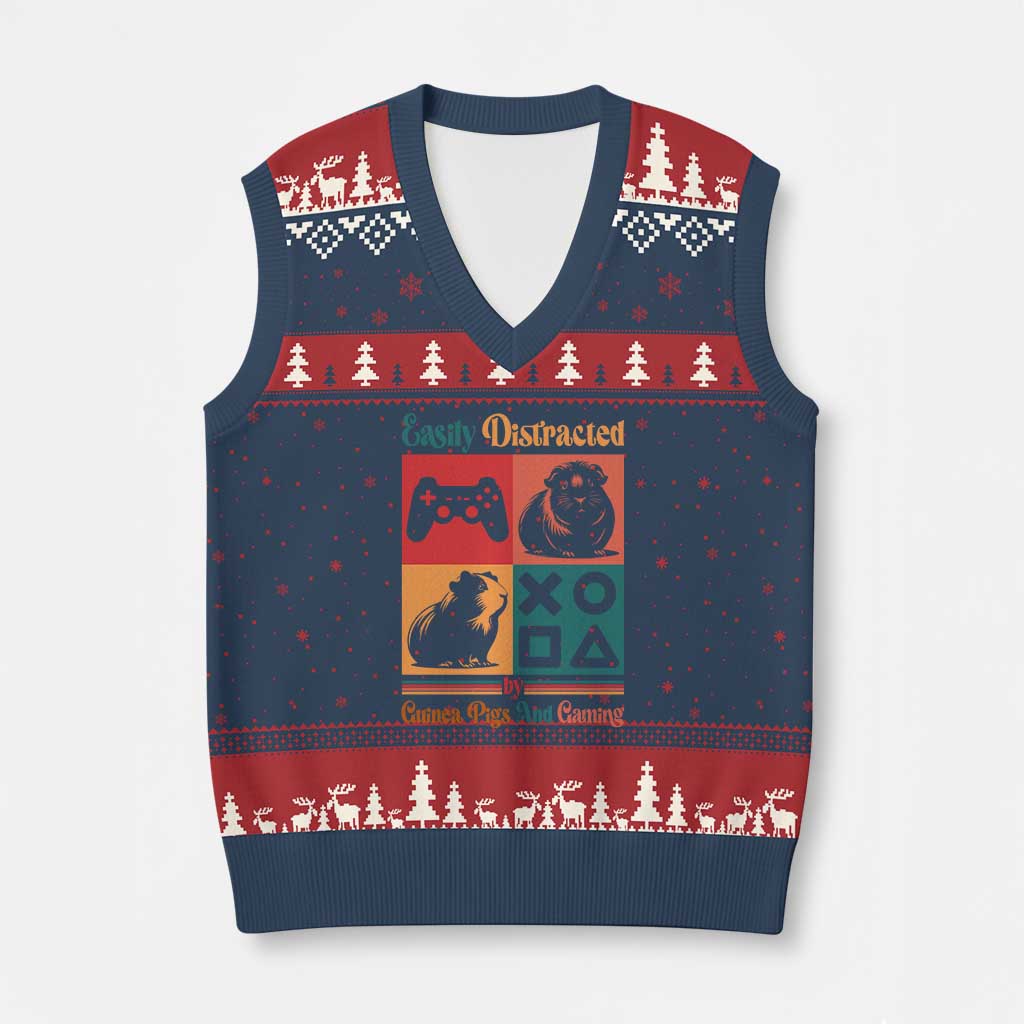 Funny Easily Distracted By Guinea Pigs And Gaming V-Neck Knit Sweater Vest Game Lover Gift TS12 Navy Red Print Your Wear